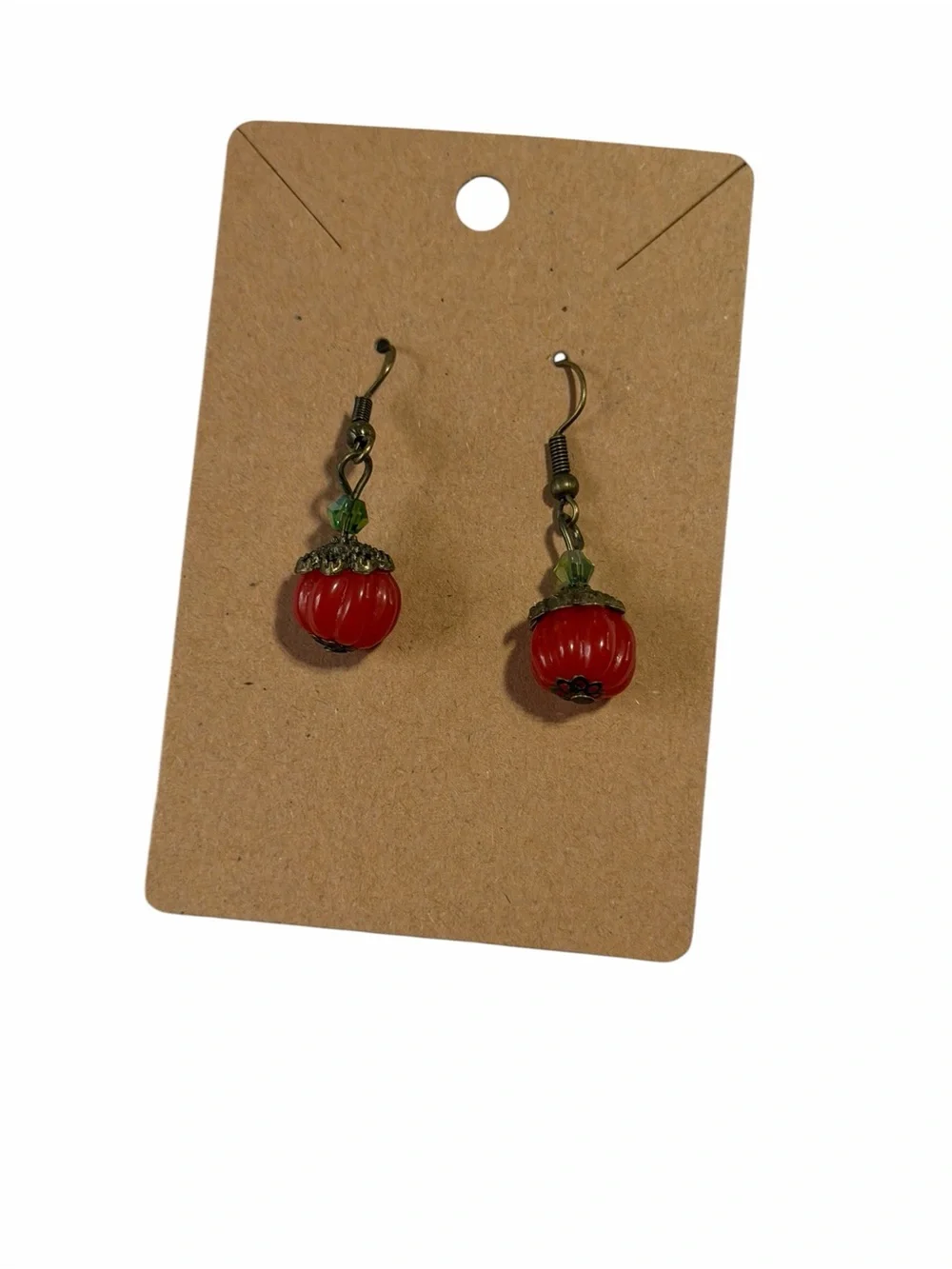 Vintage Inspired Red Pumpkin Drop Earrings Antique Gold Tone Green Accent Bead